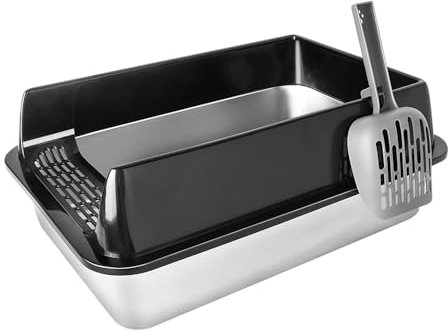 Edelstahl Katzenklo,Große Katzentoilette aus Metall, Für große Katzen, Kätzchen, Toilet, XXL Toilette,Leicht zu Reinigen,offenes Katzenklo,Rostfrei, Antihaft Glatte Oberfläche (Schwarz 50x35x24 cm)