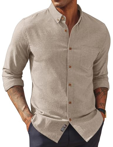 PJ PAUL JONES Men's Long Sleeve Dress Shirts Button Down Shirts for School Opening Ceremony Beige