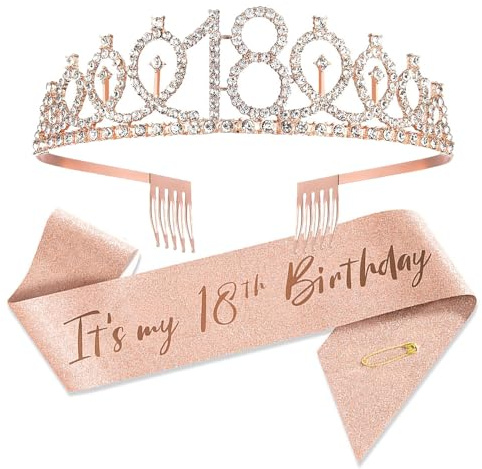 Set Diadème et Écharpe Anniversaire 18 Ans – Écharpe « It's my 18th Birthday » Or Rose Couronne Cristal Cadeau Fête pour Filles Accessoires Anniversaire 18 Ans