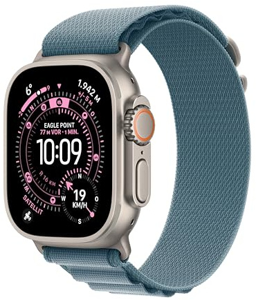 Apple Watch Ultra 3 [GPS + Cellular 49 mm] Montre connectée Course à Pied et Multisport avec boîtier Titane Naturel et Boucle Alpine Bleu Clair. Communications Satellite, Suivi santé et activité