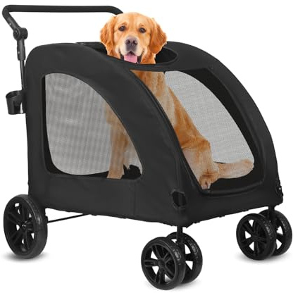 Vinteky Poussette pour Chien Pliante, Poussette Buggy pour Chien Chat avec Fenêtre en Maille, avec Porte-Gobelet, Charge 40KG