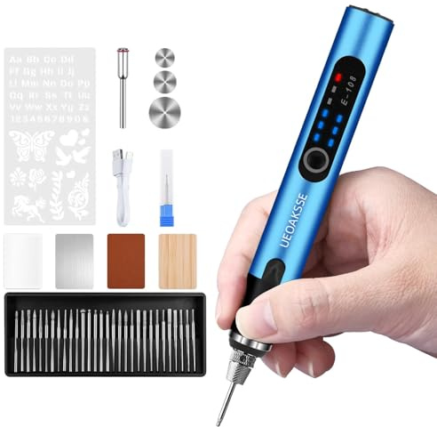 UEOAKSSE bolígrafo de grabado – 3 velocidades, batería recargable rápida e inalámbrica, 60+ accesorios, mini bolígrafo de grabado. Ideal para joyería, madera y bricolaje – azul