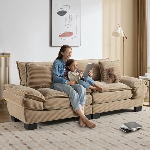 Yihomfy Sofa 3-Sitzer-Sofa, Couch Mit Armlehnen, Zierkissen, Polstersofa Mit Cordbezug, Dick Gepolstert, Loungesofa, Bis 450 Kg Belastbar, FüR Wohnzimmer, Schlafzimmer, 224x81x81cm (Khaki)