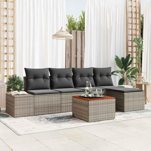 Frdhee Juego de muebles de jardín para exteriores, juego de sofá de jardín con cojines 6 piezas de ratán gris de poli ratán, grupo de asientos para jardín de invierno, balcón, terraza, diseño moderno