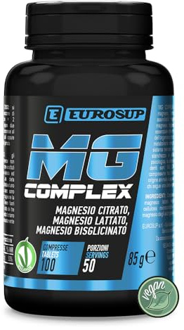 EUROSUP MG COMPLEX – Magnesio ad Alta Biodisponibilità da Citrato, Lattato e Bisglicinato | Energia, Funzione Muscolare e Sistema Nervoso | 100% Vegan | 100 compresse