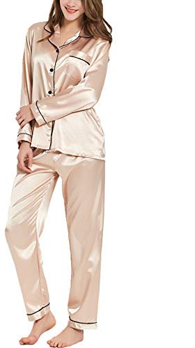SWOMOG Satin Damen Schlafanzug mit Knopfleiste Langarm Nachtwäsche Pyjamas Set Zweiteiliger Nachtwäsche Hausanzug Champagner