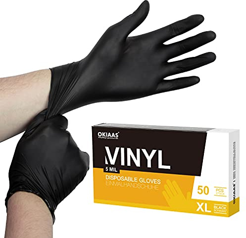 OKIAAS Black Gloves XL|Latex-Free Vinyl Gloves for Household, Food Handling, Lab Work and More|X-Large, 50 Counts/Box