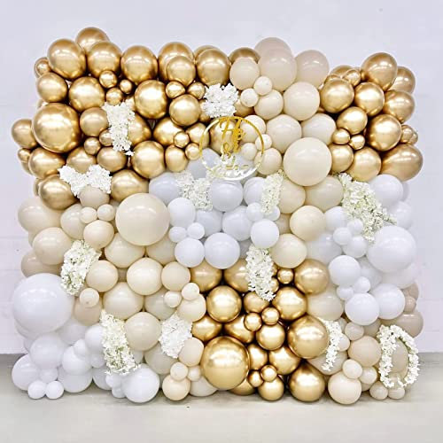 Weißgold Luftballon Girlande Kit, 131 Stück Weißgold Luftballons Bogen Kit mit Weißsand Gold Ballons Beige Luftballons für Boho Hochzeitsdeko, Babyparty Deko Geburtstagsdeko, Taufe, Party Hintergrund