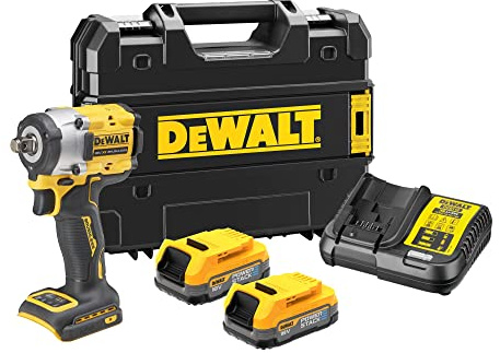 DEWALT Llave Impacto sin escobillas XR 18 V 1/2 Inch 406 Nm Con anillo de Retention 2 Batteries Powerstack y maletín TSTAK, Black, DCF921E2T-QW