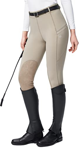SANTINY Women's Horse Riding Pants with Zipper Pockets Knee-Patch Schooling Tights Equestrian Breeches for Women (Taupe_M)