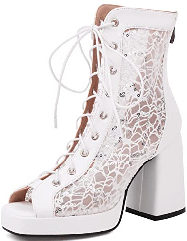 LIPIJIXI Chunky Heel Peep Toe Chaussons pour femme Plateforme Heel Mesh Chaussons L'été Bout Ouvert Chaussons Zipper Sparkly Sandales White Dentellets Bottines