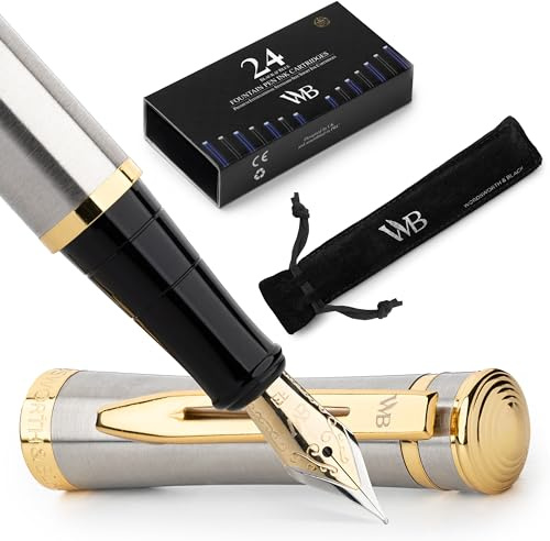 Wordsworth & Black Set di penne stilografiche, punta extra fine dorata 18 carati, include 24 cartucce d'inchiostro, convertitore di ricarica e sacchetto regalo, finitura dorata, calligrafia, [oro