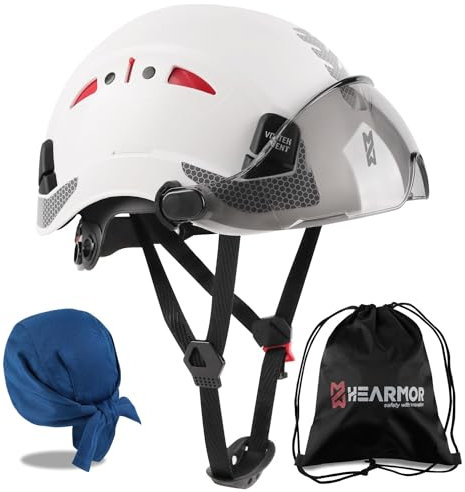 HEARMOR Casco protettivo da cantiere con visiera, EN 397, casco da lavoro ventilato per adulti, sistema a cricchetto regolabile, visiera fumo, bianco