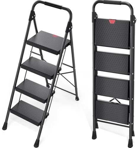 KINGRACK 4-Step Ladder with Handrail, Folding Steel Step Stool, Black