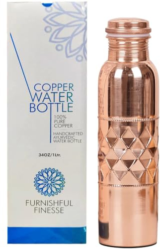 Mjölkfull finess ren naturlig diamant koppar vattenflaska med lock och bärväska 1 000 ml läckagesäker kärlflaska för Ayurveda hälsofördelar kontor och resor – paket med 1