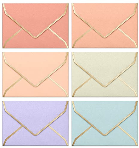 Enveloppes C6 – Lot de 30 Enveloppes A6 avec Liseré Doré, 114 x 162 mm, 6 Couleurs Pastel Douces, Idéales pour Mariages, Anniversaires, Remerciements et Faire-Part