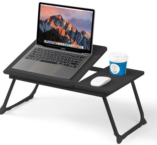 Mesa para Cama y Sofá: Plegable Bandeja para Cama con Tapa Ajustable y Portavasos, Mesa Cama Ordenador en Tablero MDF y Metal, 56x32x25 cm, Negro