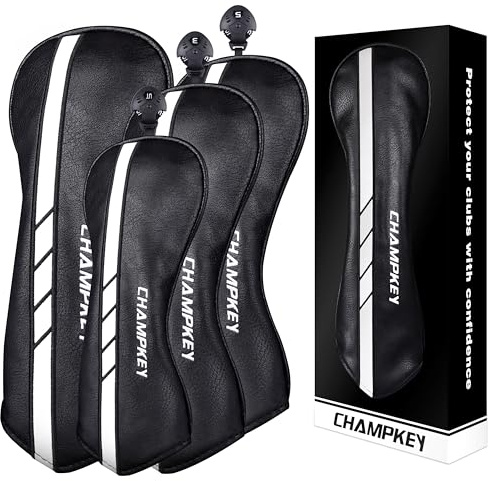 CHAMPKEY Premium Golf Head Covers for Woods & Driver - Advanced Polyurethane Synthetic Leather - Available as Single or Full Set (Black-4 Head Covers (No.1,3,5,X))