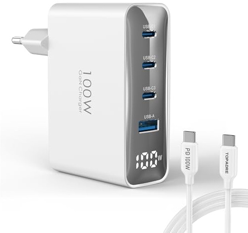 TOPADRE 100 W USB-laddare, 4-port strömförsörjning USB med två 2 m 100 W laddningskablar och LED-skärm, PD GaN snabbladdare för MacBook Pro/Air, för iPhone 17 16 Pro Max iPad, bärbar dator, Galaxy S25