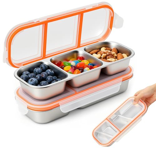 Hossejoy 2 Pack Stainless Steel Snack Containers with Lids, Leakproof, BPA Free Bento Lunch Box with Compartment, Reusable Food Storage Containers for Daycare, School, Work, Travel