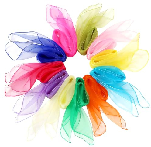 Euablfo 12 Pcs Foulard Jonglage, Chiffons de jonglage, 60x60cm Foulard Sensoriel Bebe pour Jardin d'enfants Et Adultes en Jonglerie Danse des Tours De Magie Spectacles