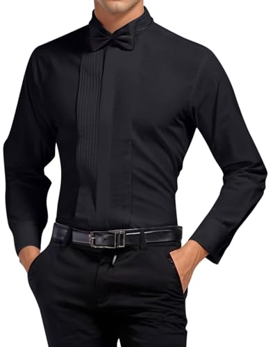 Generisch Camicia da smoking da uomo con colletto a risvolto, camicia da smoking con papillon, camicia da lavoro, a maniche lunghe, con polsino, per il tempo libero, slim fit, camicia da matrimonio