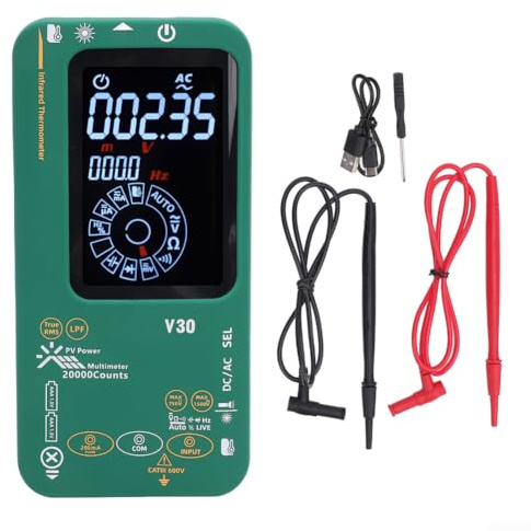 Multimètre intelligent V30 avec thermomètre infrarouge, résolution de 20 000 points, activation automatique du courant pour l'industrie solaire, batterie rechargeable, coque verte antichoc
