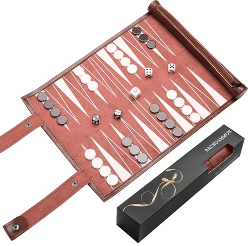 Backgammon de viaje, Back Gammon Game de madera maciza, juego de mesa clásico para familias, viajes y amantes de la estrategia, portátil y duradero (marrón