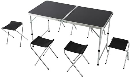 Relaxdays Campingbord, 4 sittpall, vikbart, höjdjusterbart bärhandtag, aluminium, MDF, trädgårdsbord, svart