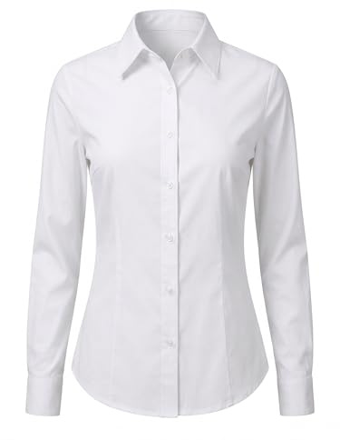 UDILEO Camicia Donna Elegante Cotone Elasticizzato Camicetta Blusa Aderente Ufficio Casual Manica Lunga Slim Fit (IT, Testo, S, Regular, Regular, Bianco)