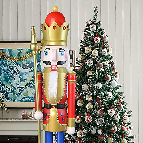 CDL 120cm 48 4Ft Tall Life-Size Large/Giant Red Wooden Nutcracker King Ornament On Stand Holds Golden Scepter For Indoor Outdoor Xmas/Event/Ceremonies/Commercial Decoration(Red King K01)