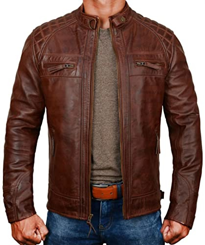LP-FACON Cafe Racer - Giacca in pelle invecchiata da motociclista, da uomo, stile vintage, alla moda senza tempo, con dettagli trapuntati a diamante, Marrone antico - Diamante, XXL