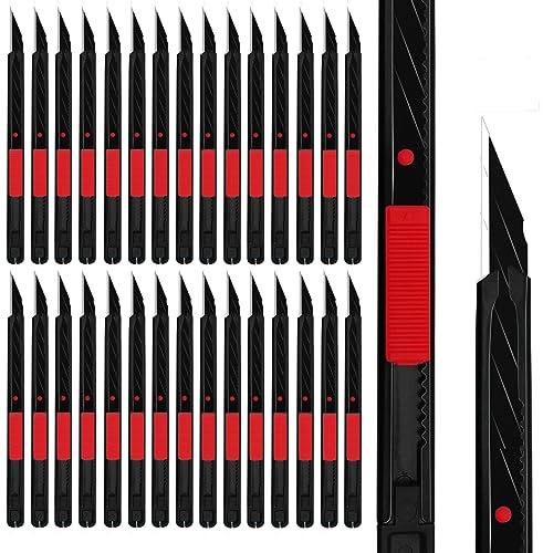MANUFORE 30pcs 9mm Snap-off Knives with Safety Auto-lock, Metal Handle, Black Blade, Lightweight Portable Retractable Cutter for office, school, daily works