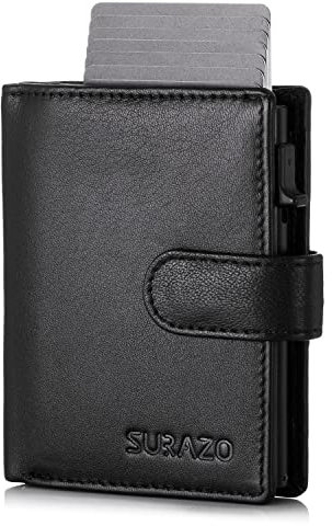 SURAZO® Echtleder Kreditkartenetui mit Münzfach | Slim Kartenhalter mit 10 Kartenfächer | Kartenetui RFID NFC Schutz | Mini Leder Kartenhülle Wallet | Klein Geldbörse für Herren und Damen (Schwarz)