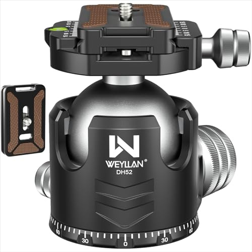Low Profile Ball Head 52mm Tripod Head WEYLLAN DH52 Camera Head Mount, CNC Heavy Duty Ball Head with Two 1/4 Quick Release Plates, Panoramic Ballhead for Tripod, Monopod, DSLR, Max Load 66lbs /30kg