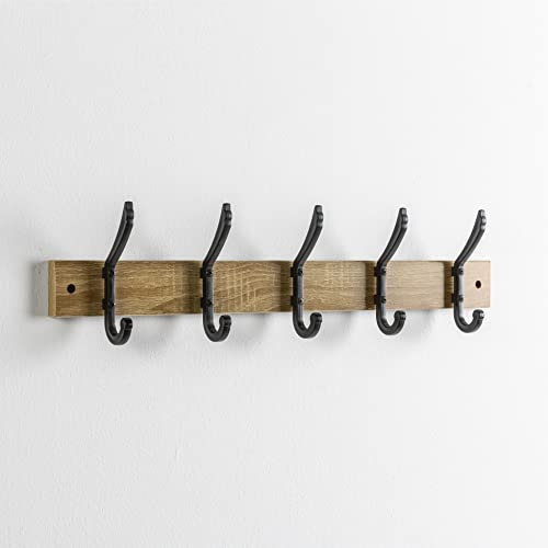 HOMN LIVING Perchero de Pared Amaia 5 Perchas, Color Roble/Negro, 60 cm (Ancho) 15 cm (Profundo) 7 cm (Altura)