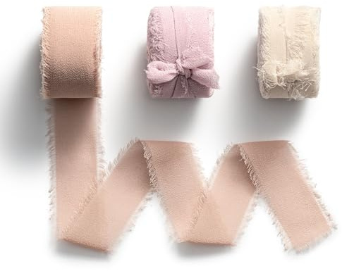 MORSUNBELA presentband brett band bröllop chiffongband | 3 rullar chiffongband med fransar, 25 mm x 6,4 m, brett presentband för bröllop, födelsedag, presentförpackning
