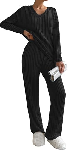 Famulily Womens Pyjamas Set Nightwear, Ladies Ribbed 2 Piece Outfits Loungewear Sets Leisure Suits Homewear V Neck Long Sleeve Jumpers and Wide Leg Trousers with Pockets