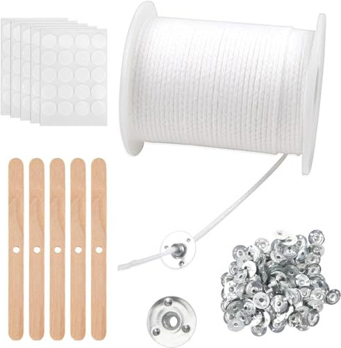 Aililong 6100cm Kerzendocht Set: Baumwoll Dochte für Dicke Kerzen, Dochte für Kerzen gießen, Kerzendochte mit 100 Metallbasis Aufkleber, Natürlichen Candle Wick für DIY Kerzenherstellung Weihnachten.