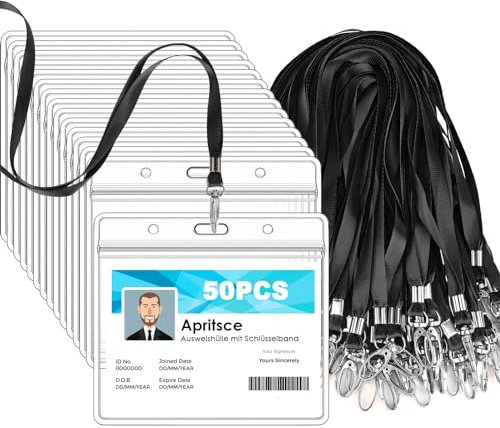 Ausweishülle Mit Band, Apritsce 50 Set Kartenhalter Mit Schlüsselband, Wasserdichte Transparenter Ausweishülle, Schlüsselband Mit Kartenhalter Für Business, Ausstellung Und Büro (Schwarz)