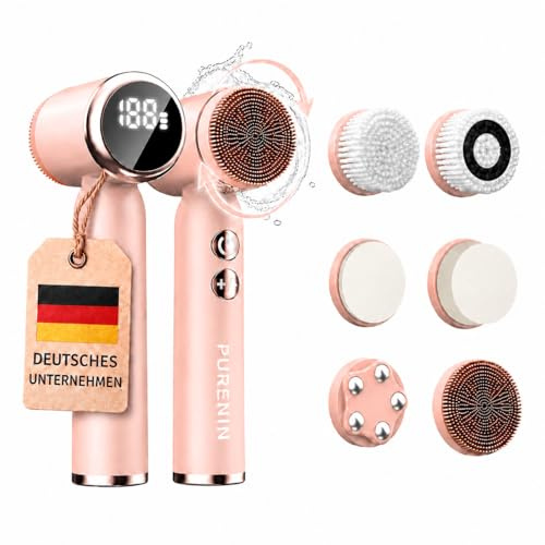 PURENIN - Set 6 in 1 - Spazzola elettrica per la pulizia del viso, anche in viaggio, rotazione a 360 gradi della testina della spazzola, impermeabile IPX6, detergente elettrico per il viso, diversi