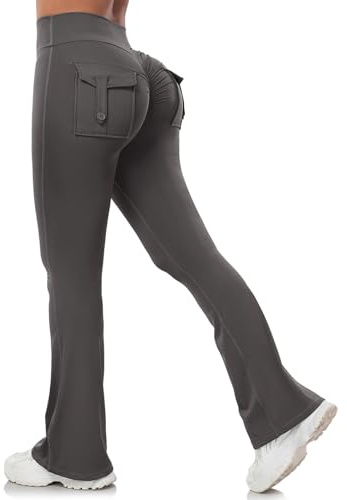 Aerides Flared Leggings for Women Scrunch Bums Leggings with Pockets High Waist Yoga Pants Sports Bootcut Trousers for Gym Workout Casual (Grey, S)
