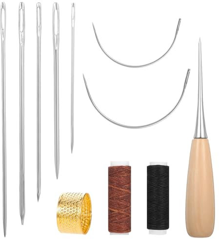 Leder Nähset 11 Stück Ledernadeln Hand Leder Nähnadeln Leder Werkzeug mit Nähahle Gewachstem Faden Fingerhut Nähnadeln Gebogene Polsternadeln Lederwerkzeug für Teppich Matratzen DIY Handwerk