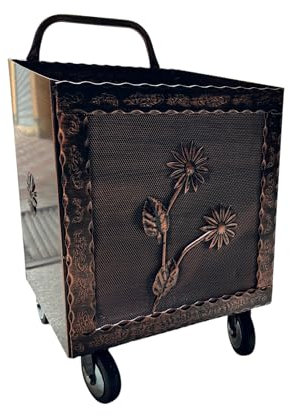 Porta Legna a Carrello in Ferro Battuto, 42x37x72 cm, con Ruote, per Camino e Stufa, Motivo floreale (Rame)