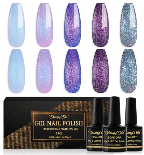 Shining She Gel Nail Polish Chameleon, 5 Colours Changing Blue Purple Shimmer Glitter Nail Polish Soak-Off UV/LED Chameleon Gel Polish Set for Nail Art Salon DIY Home, 8 ML