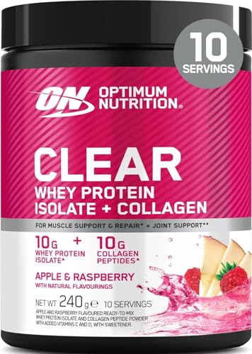 Optimum Nutrition Clear Whey + Collagen, Smak av Äpple & Hallon, 10 g Vassleisolat och 10 g Kollagenpeptider per Portion, Klar Proteindryck för Leder*, 240 g, 10 Portioner