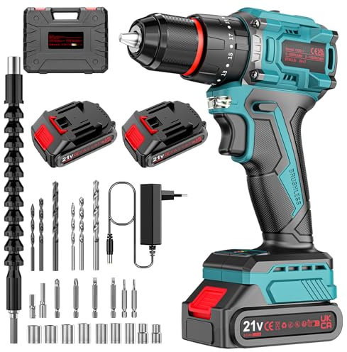 Brushless Taladro Percutor a Bateria 21V, Taladro Atornillador Electrico, Taladro Atornillador Batería (2x2.0Ah Baterías, 24 Accesorios, 55 Nm, 23+3 Ajuste de Par, 2 Velocidad)