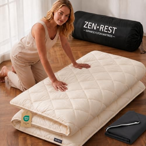 Zen.Rest 7 Layer Memory Foam Japanese Futon Mattress with Portable Storage Bag, Foldable Roll Up, Thick Tatami Mat,Floor Lounger Bed, Floor Mattress Guest Sleeping Pad (Full)