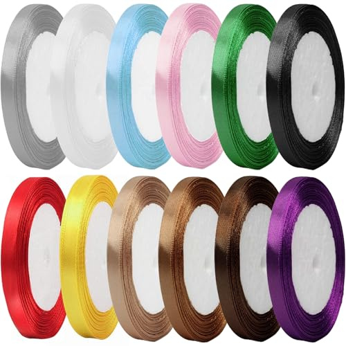 12 Rolls Ribbons for Crafting, 6mm X 22m Satin Ribbons, Thin Ribbon for Crafting, Gift Wrapping, Balloons, Sewing, Wedding, Birthday, DIY, Bouquets, Party Decoration
