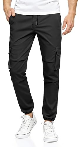 GINGTTO Cargo Trousers for Men Slim Fit Chino Joggers Mens Stretch Cuffed Waterproof Pants Pockets Black 32/30